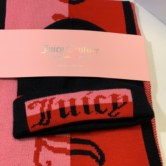 New Juicy Couture Scarf & Hat set, red, pink & black - Picture 2 of 8